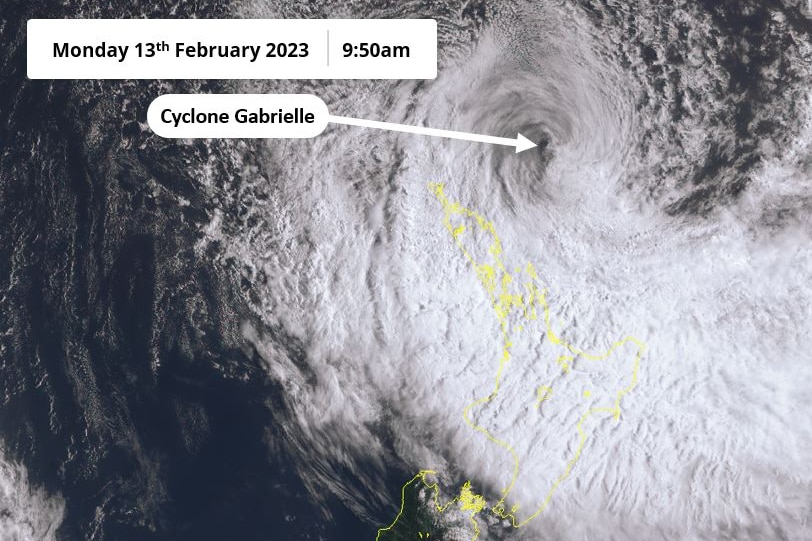 A meteorological image showing a cyclone above New Zealand's north island.