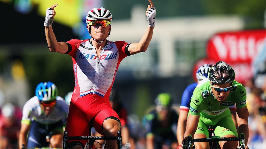 Alenxander Kristoff celebrates winning 12th stage at Tour de France