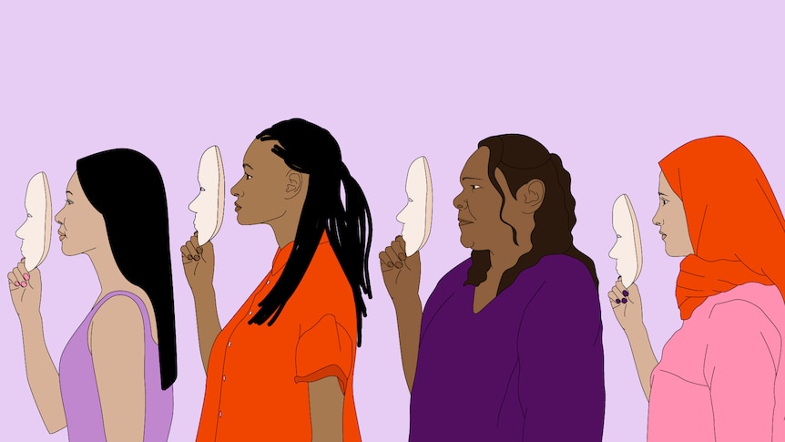 Illustration of women from dverse backgrounds holding up a white mask in front of them