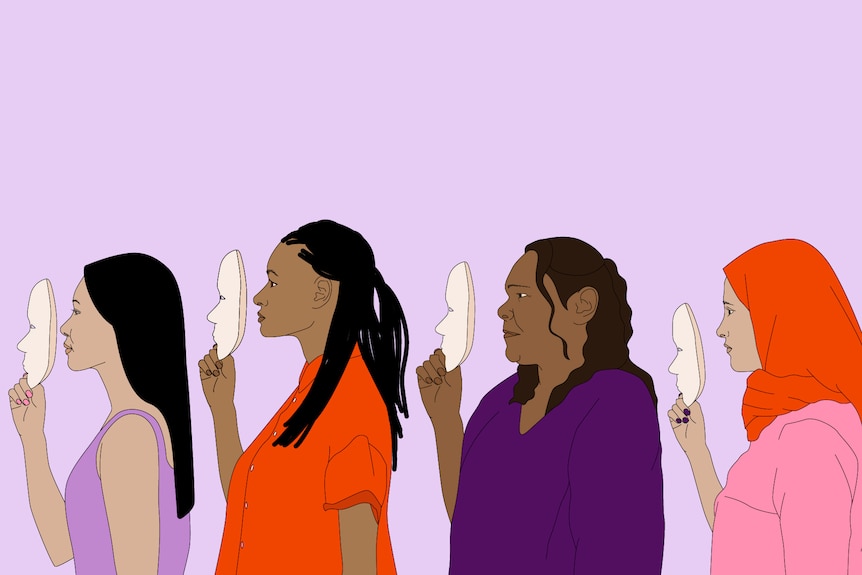 Illustration of women from dverse backgrounds holding up a white mask in front of them