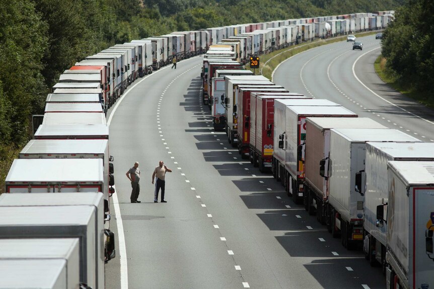 Trucks line the highway towards Dover