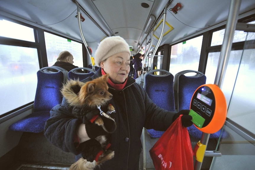 A woman holds her dog while she scans a card on a bus.