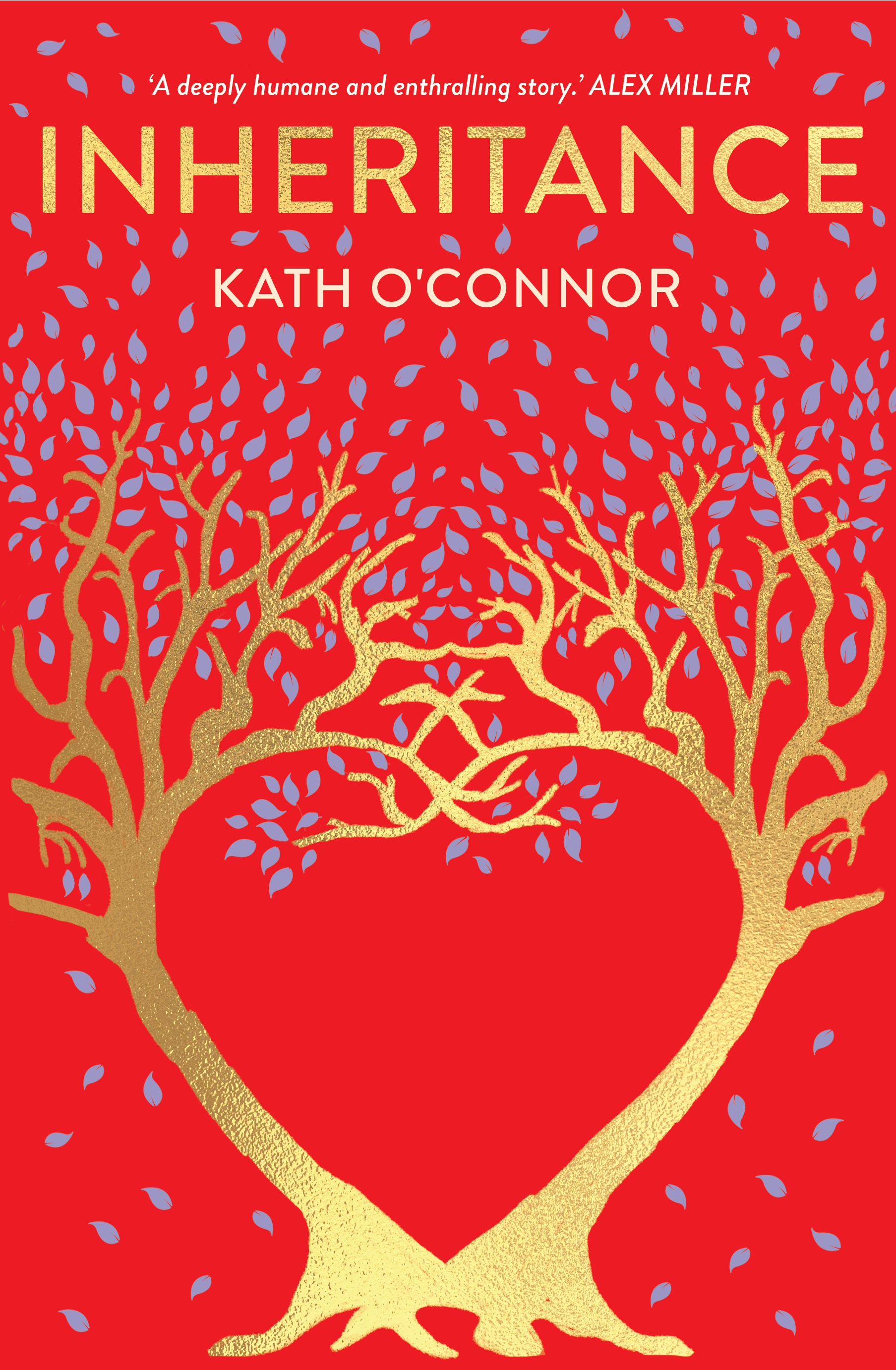 A book cover with an illustration of trees in gold forming the shape of a heart on a red background; the title reads Inheritance