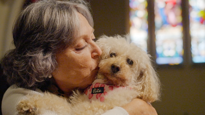 A woman holds a white scruffy dog up to her face, church stained glass windows in background