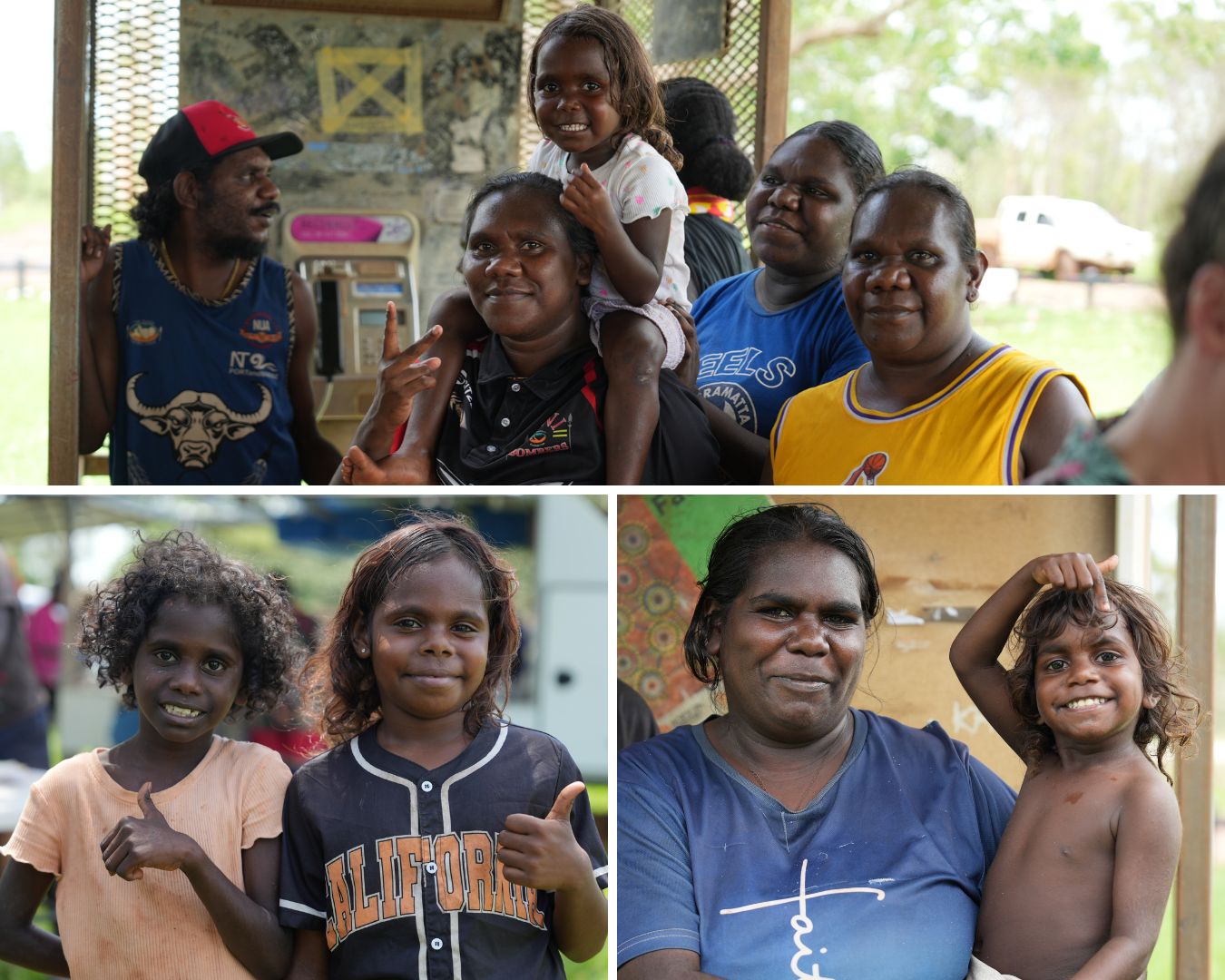 Uma colagem de moradores locais sorridentes.