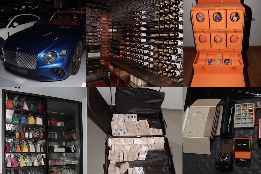 A collage of photos of items including luxury cars, wine, watches, handbags, cash and jewellery.