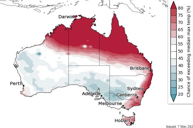 A map from the Australian Government Bureau of Meteorology shows northern Australia is expected to have higher temperatures.