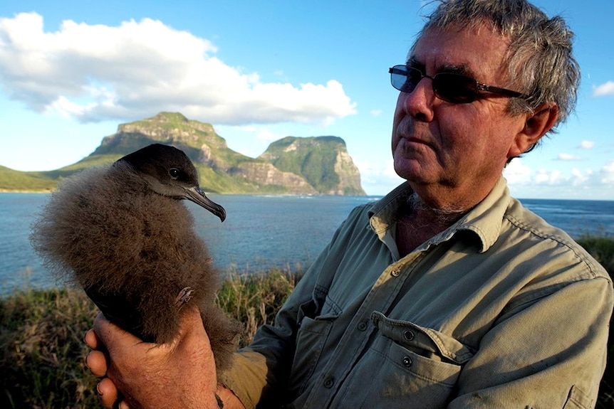 Ian Hutton holds a bird in his hands.