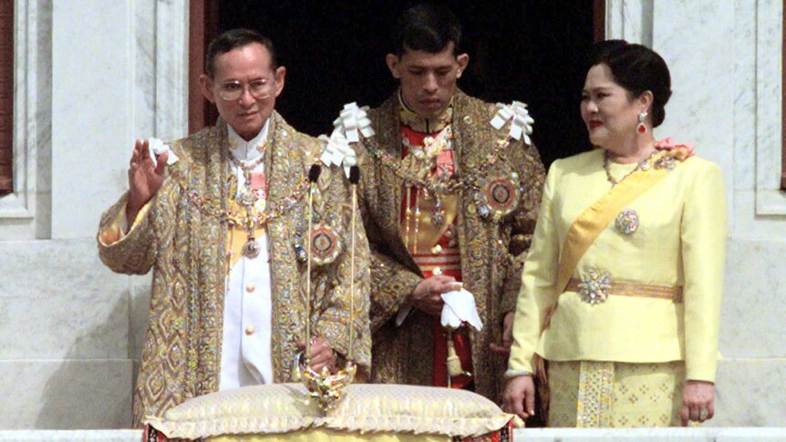 Thailand's King Bhumibol Adulyadej, left, Queen Sirikit, and then-Crown Prince Maha Vajiralongkorn.
