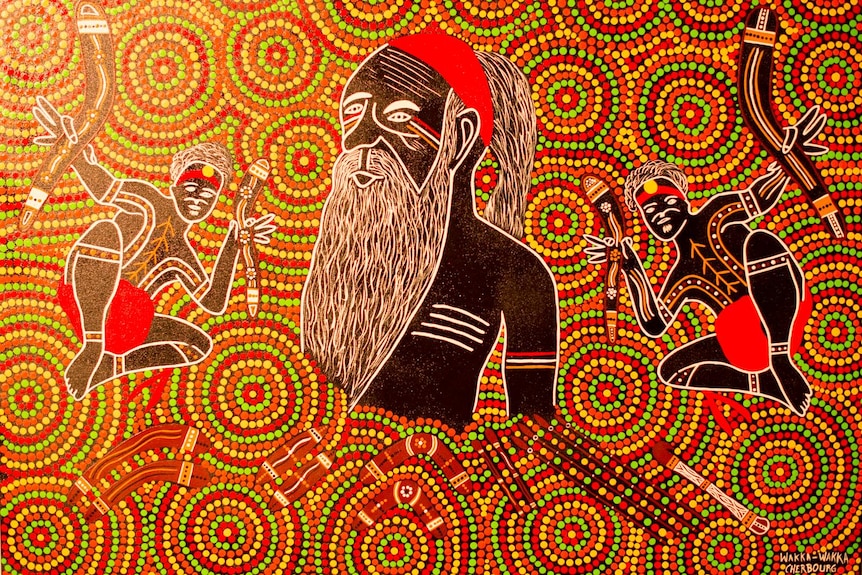 Three Indigenous musicians are painted in silhouette on a dot painting background.