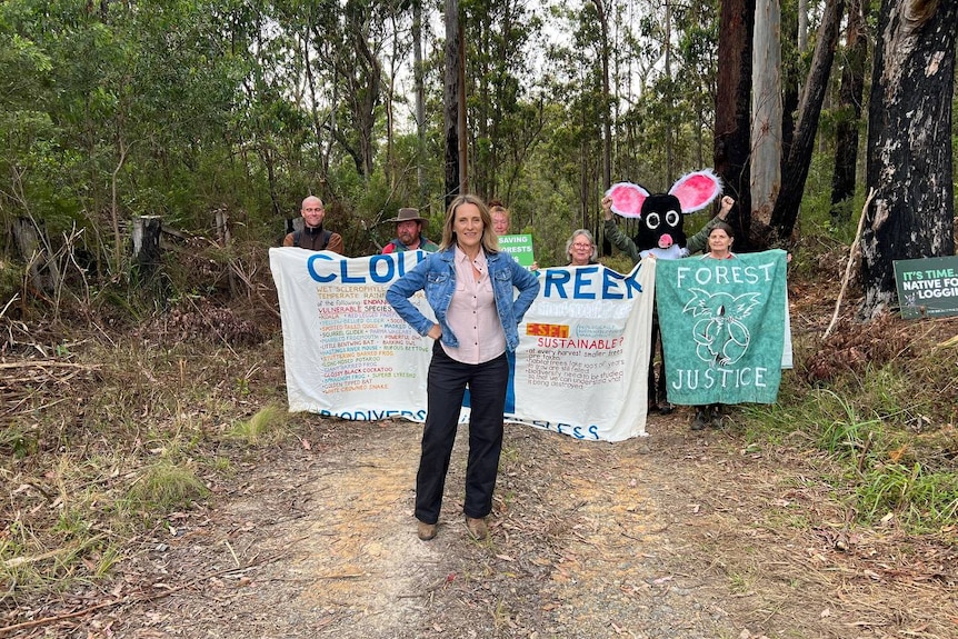 A woman stands in the middle of a dirt road leading into forest, with a crowd of people holding anti-logging banners behind her.