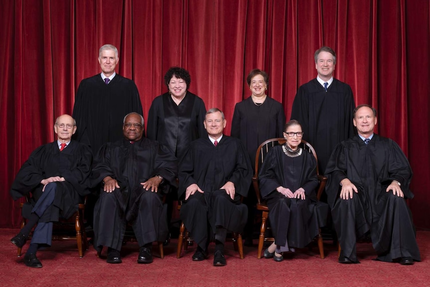 Nine people in black robes posing in front of a red curtain