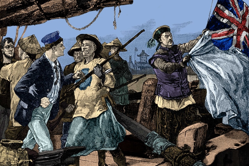 An illustration showing Qing officials pulling down the British flag on ship the Arrow