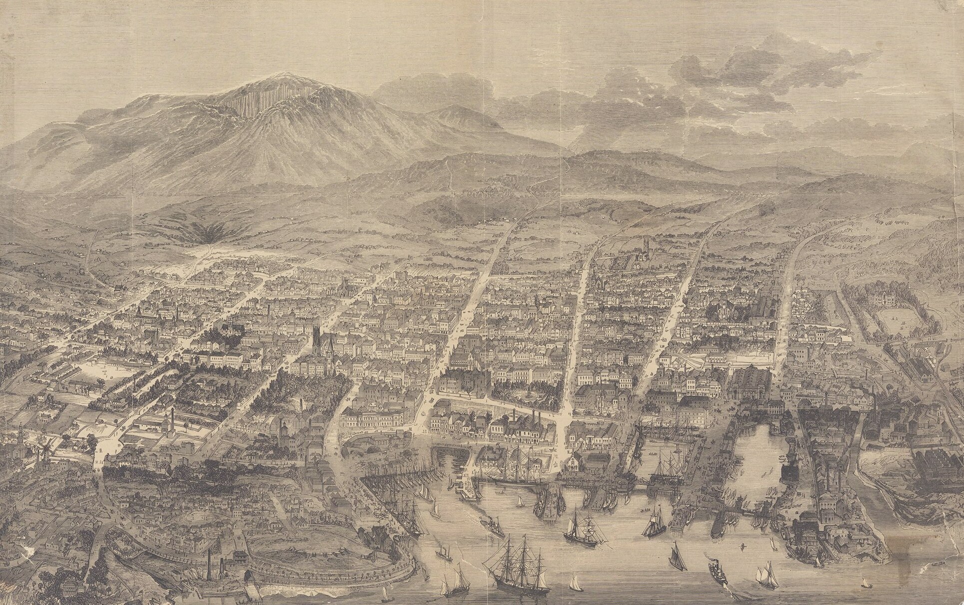 Etching of an aerial view of Hobart town seen in 1979.