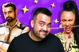 A collage showing an Anglo-Indian-Australian man and an Aboriginal man and woman in front of a purple background with stars