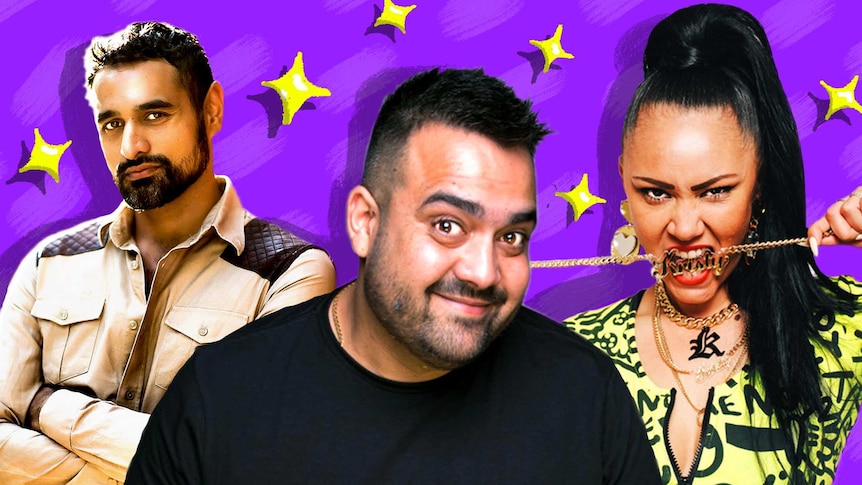 A collage showing an Anglo-Indian-Australian man and an Aboriginal man and woman in front of a purple background with stars