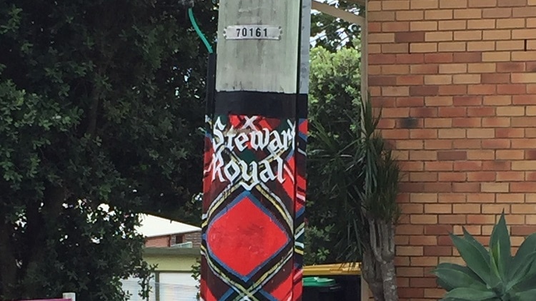 Power poles painted in tartans