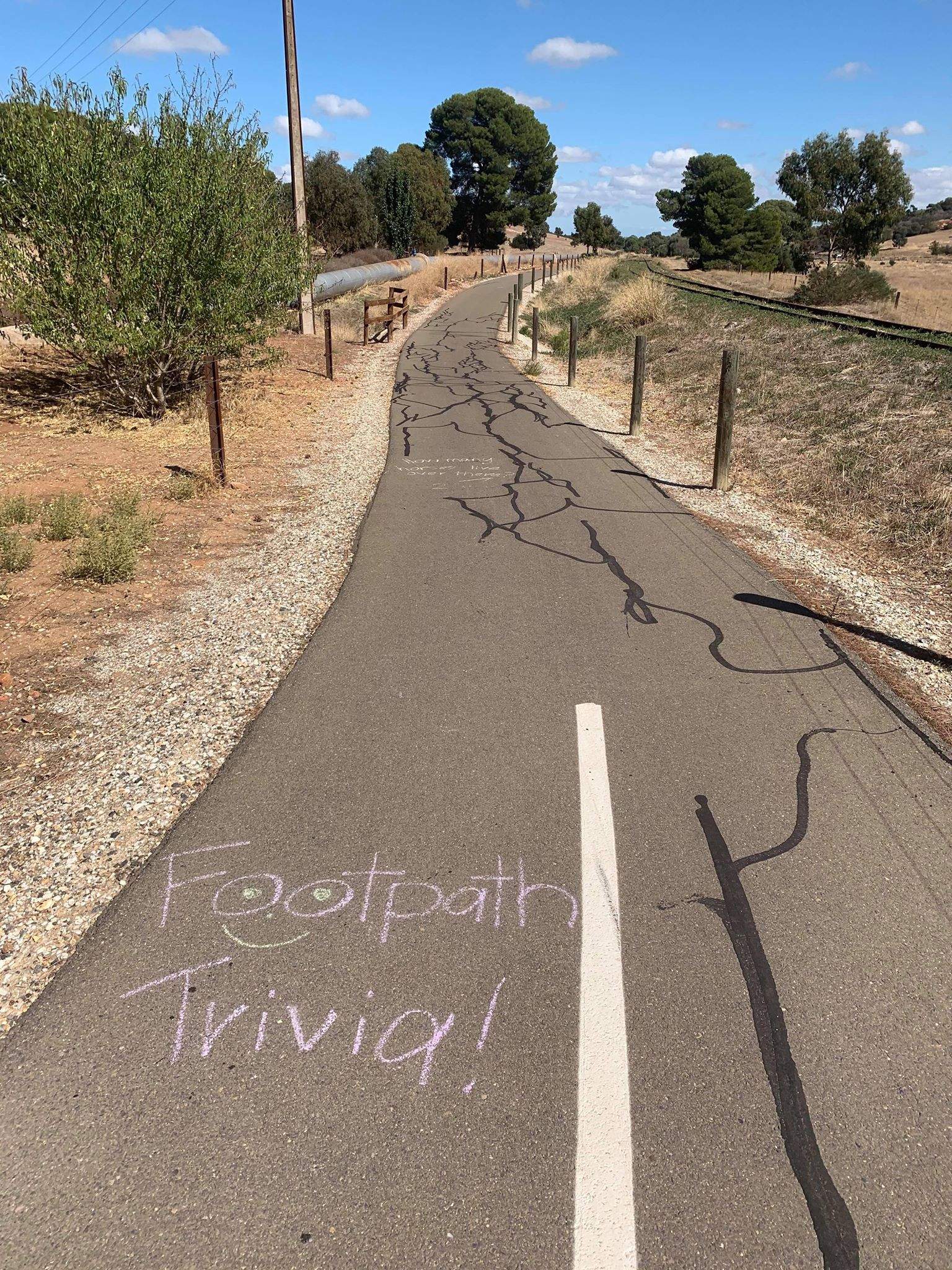 The words 'footpath trivia!' written on a bike path.