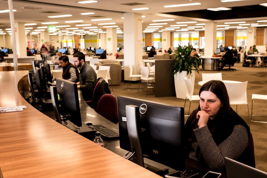 People face computers inside a library.