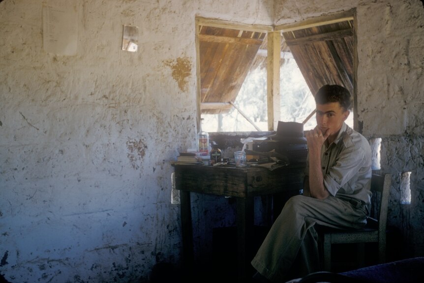 Stow in a hut at Forrest River Mission, WA, in 1957.