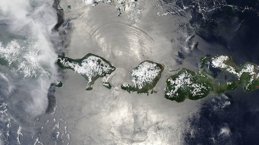 A satellite image of the sea with several islands 