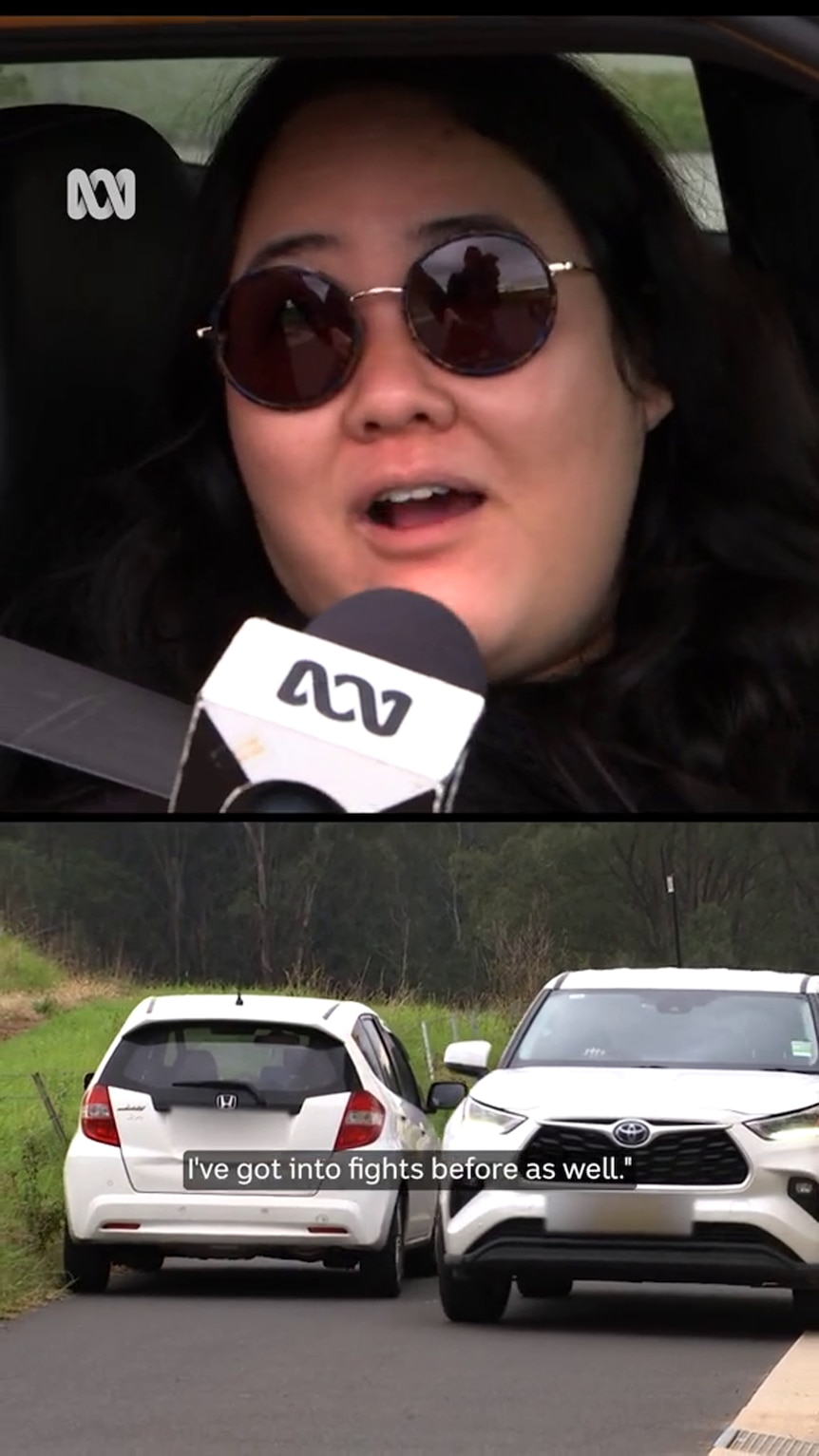 Composite image shows woman in car with ABC mic before her mouth and 2 cars face to face on narrow road