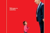 A screenshot of the front cover of Time magazine featuring Donald Trump looking over a crying two-year-old girl.