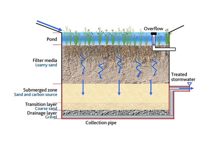 A diagram showing a raingarden filtering stormwater through several layers of different materials and collecting it.