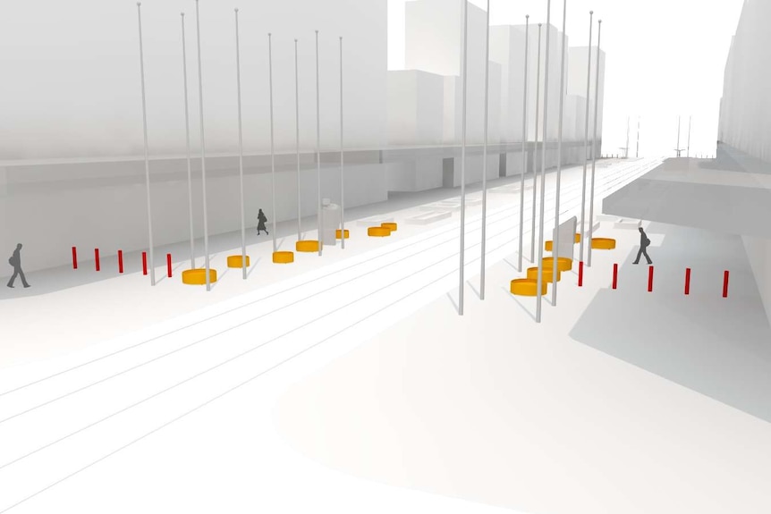 A diagram shows the positioning of permanent bollards and planter boxes in Bourke St Mall.