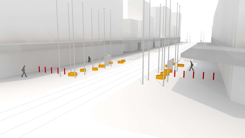 A diagram shows the positioning of permanent bollards and planter boxes in Bourke St Mall.