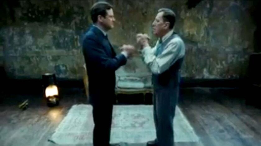 LtoR Colin Firth and Geoffrey Rush in the movie, The King's Speech