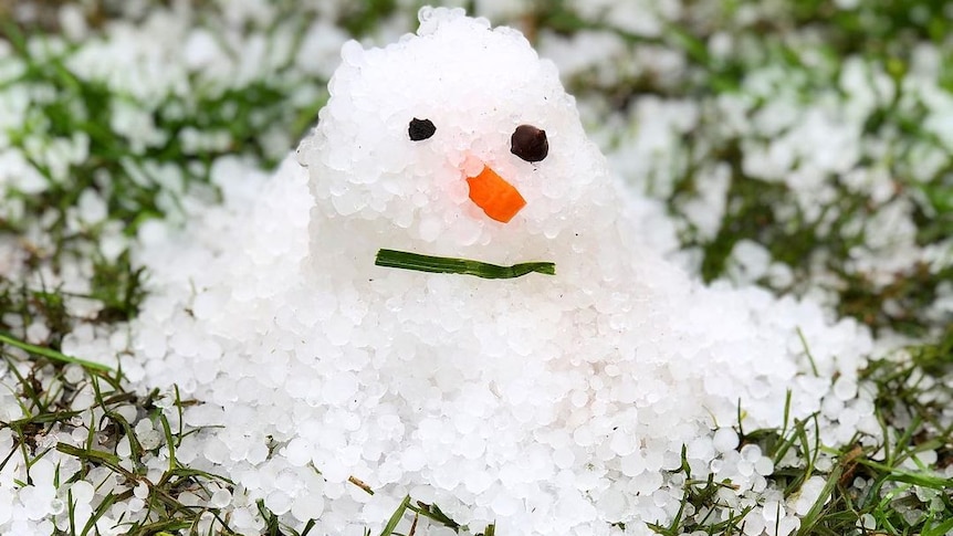 A miniature 'snowman' made from hail.