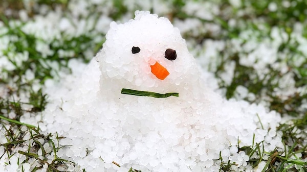 A miniature 'snowman' made from hail.