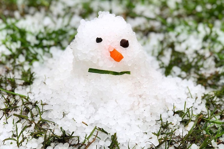 A miniature 'snowman' made from hail.