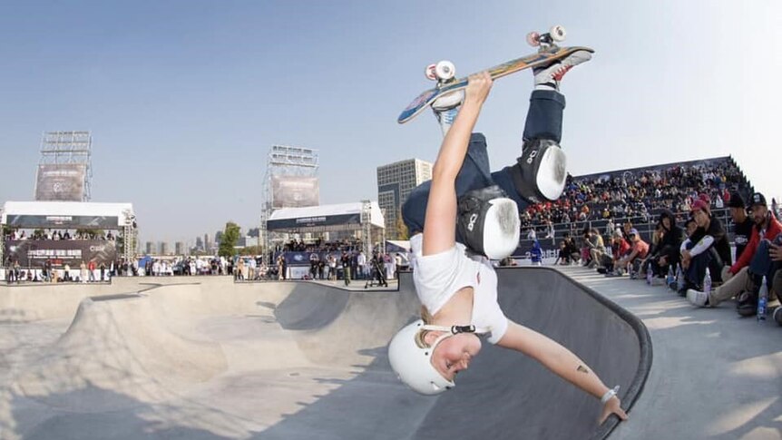 Poppy Starr Olsen performing a skateboarding trick