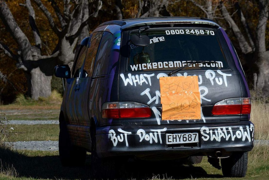 Wicked camper van with message obscured