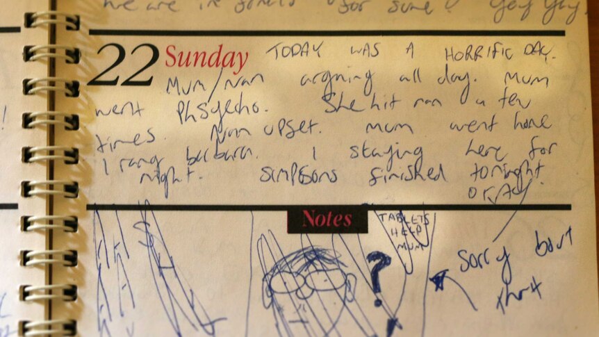 A child's diary entry reads: "Today was a horrific day. Mum/Nan arguing all day. Mum went psycho. She hit Nan a few times."