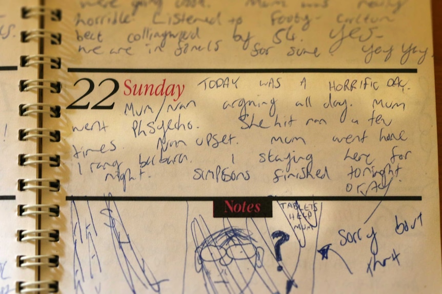 A child's diary entry reads: "Today was a horrific day. Mum/Nan arguing all day. Mum went psycho. She hit Nan a few times."