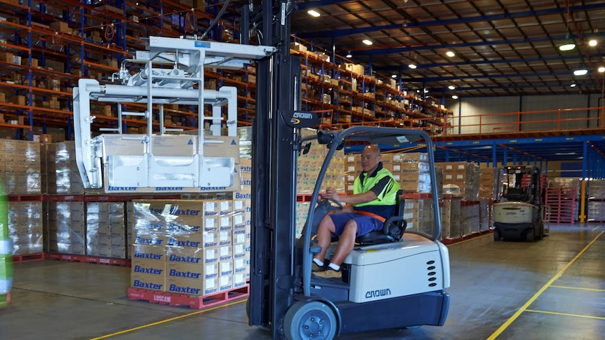 A forklift in the Baxter Healthcare warehouse.