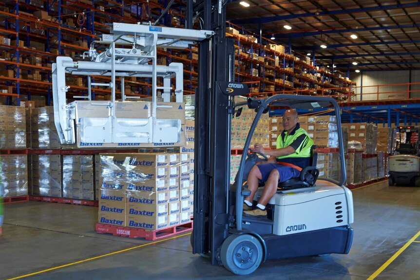 A forklift in the Baxter Healthcare warehouse.