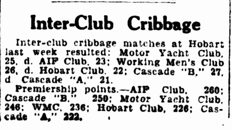 Cribbage results in the Hobart Mercury, 1946