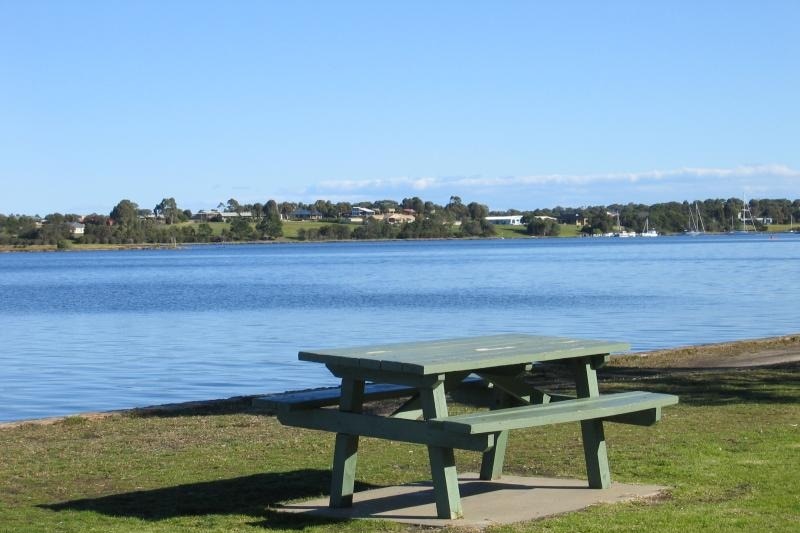 A picnic table is shown by the water at Paynesville in eastern Victoria.