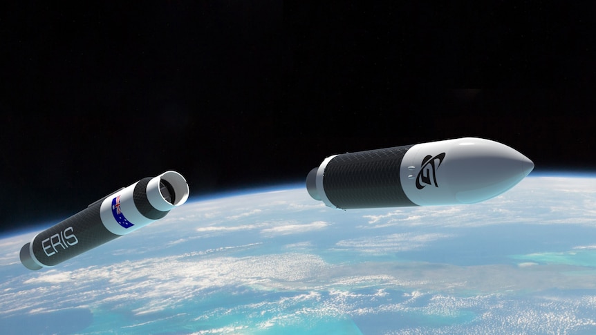 An artist's impression of a rocket in space overlooking Earth.