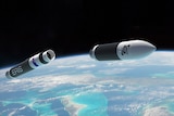 An artist's impression of a rocket in space overlooking Earth.