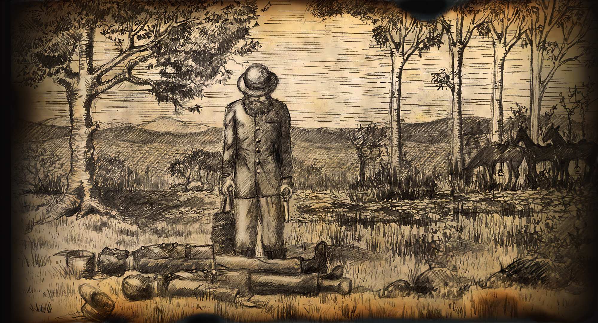 An illustration of a man standing over two bodies.