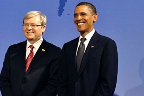 Barack Obama and Kevin Rudd at the G-20 Pittsburgh summit, September 2009 (Reuters: Philippe Wojazer)