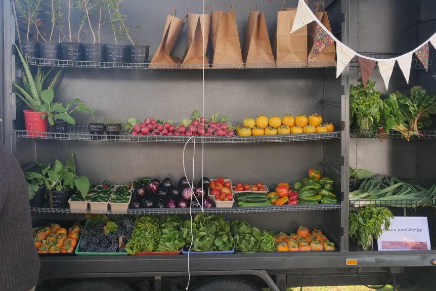 Four shelves of fresh fruit and vegetables displayed for sale