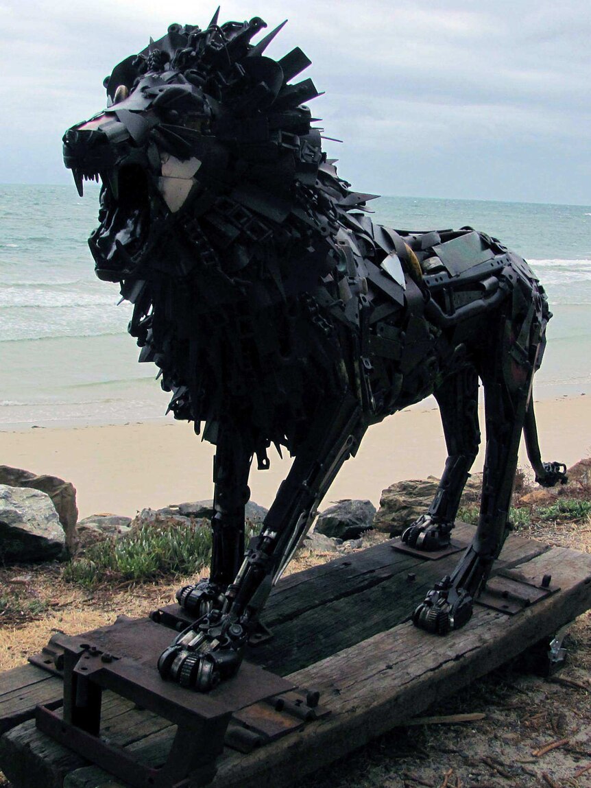 Lion sculpture made of metal on display at Brighton foreshore.