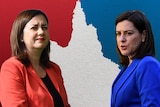 Palaszczuk and Frecklington face off with red and blue map of Queensland behind them.