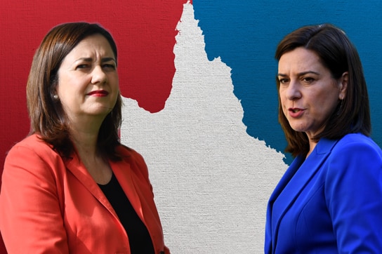 Palaszczuk and Frecklington face off with red and blue map of Queensland behind them.